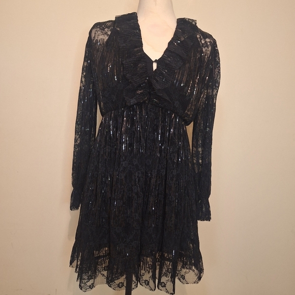 Maje Reville Black Pleated Lace Sequin Dress SZ S - Picture 5 of 15